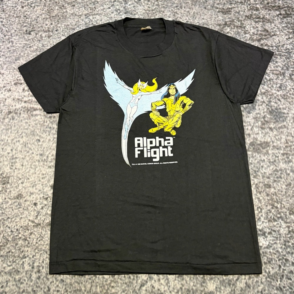 Vintage 1985 Alpha Flight T-Shirt Large Black Screen Stars Marvel Comics 80s